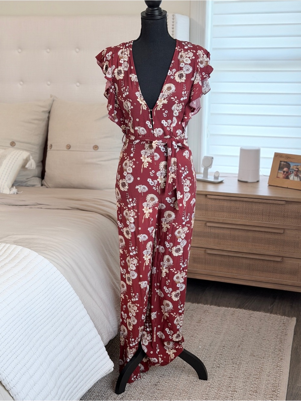 Charlie Holiday Burgundy Floral V-Neck Wide-Leg Jumpsuit